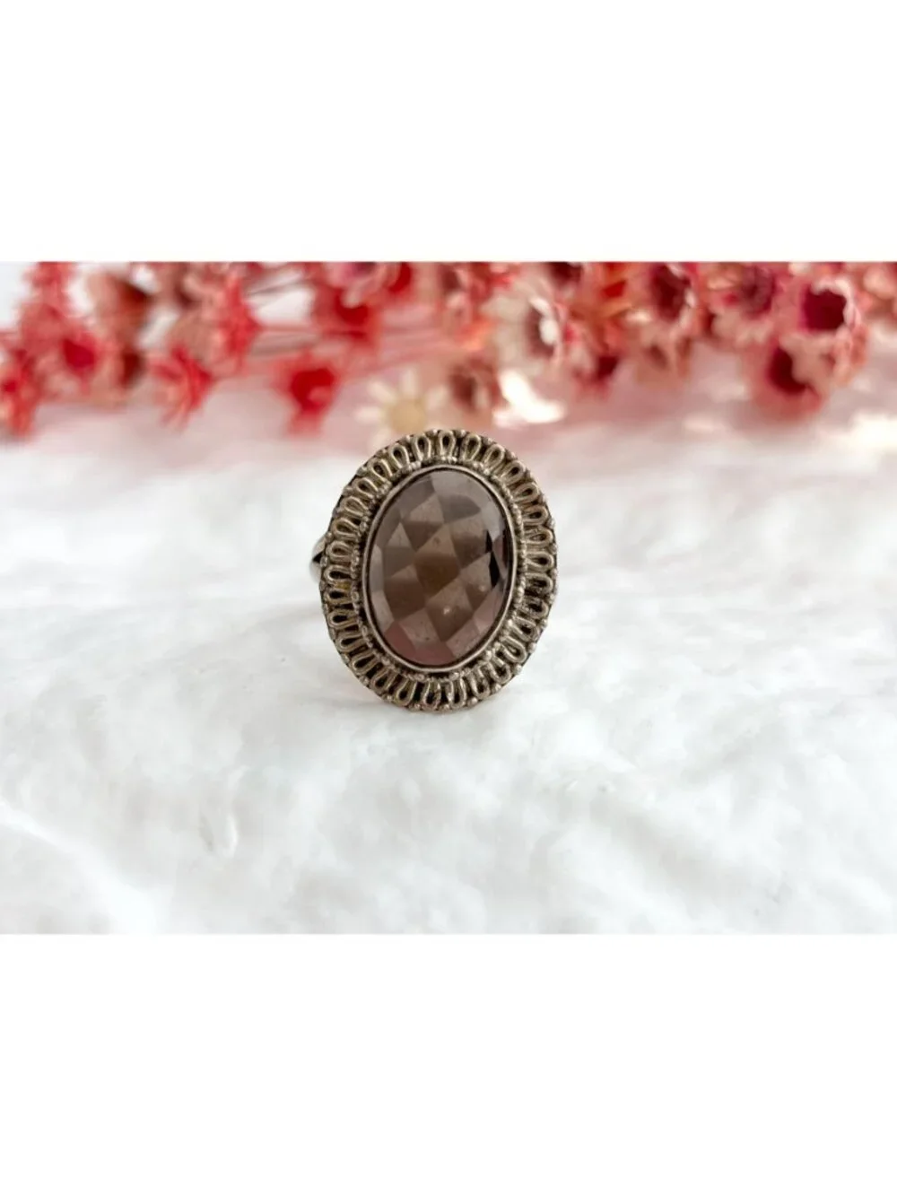 Smoky Quartz Faceted Oval Balinese Sterling Silver 925 Vintage Ring - sz 6.75